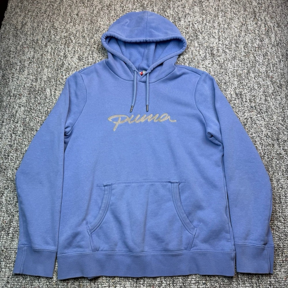 PUMA Hoodie Womens Large Pullover Cursive Script Logo Blue